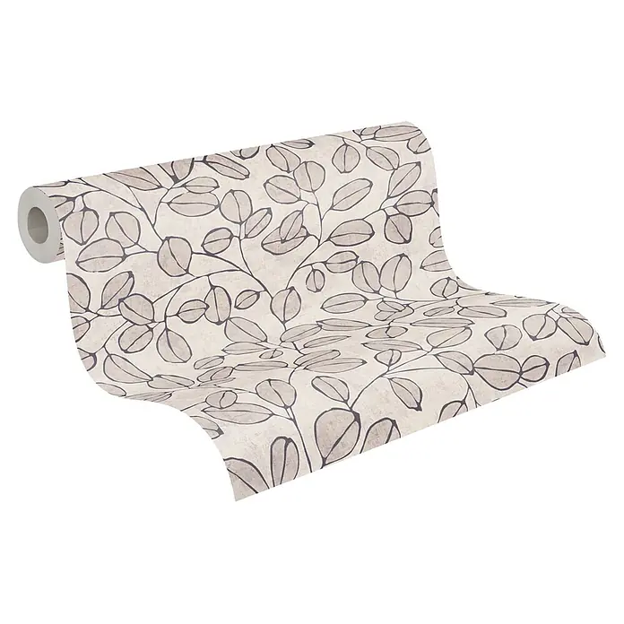 A.S. Création Nordic Feeling Vliestapete Blätter III - Grau-Weiß, Floral, 10,05 x 0,53 m - Helle beigefarbene Tapetenrolle mit Blattumrissen in dunklem Anthrazit, ausgerollt.