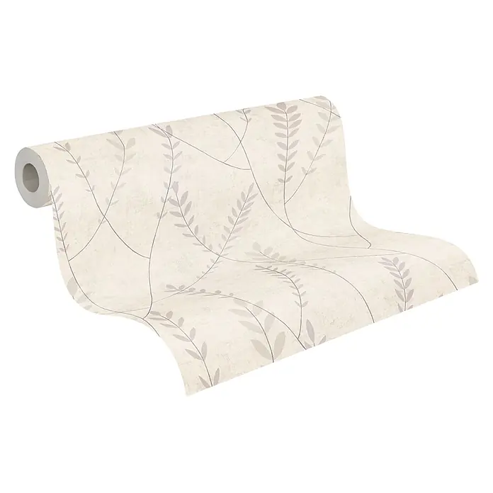 A.S. Création Nordic Feeling Vliestapete Skandi - Grau, Floral, 10,05 x 0,53 m - Rolle beigefarbener Tapete mit zartem lavendelfarbenem Blattmuster.