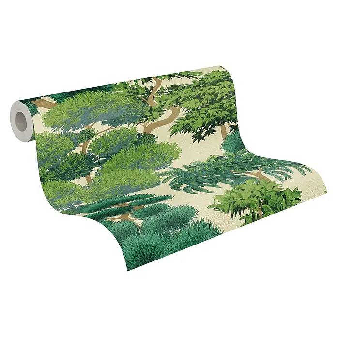 A.S. Création Cuba 2 Vliestapete Natur - Grün-Creme, Floral, 10,05 x 0,53 m - Tapetenrolle mit grünem Baum- und Blattmuster auf hellem Hintergrund.