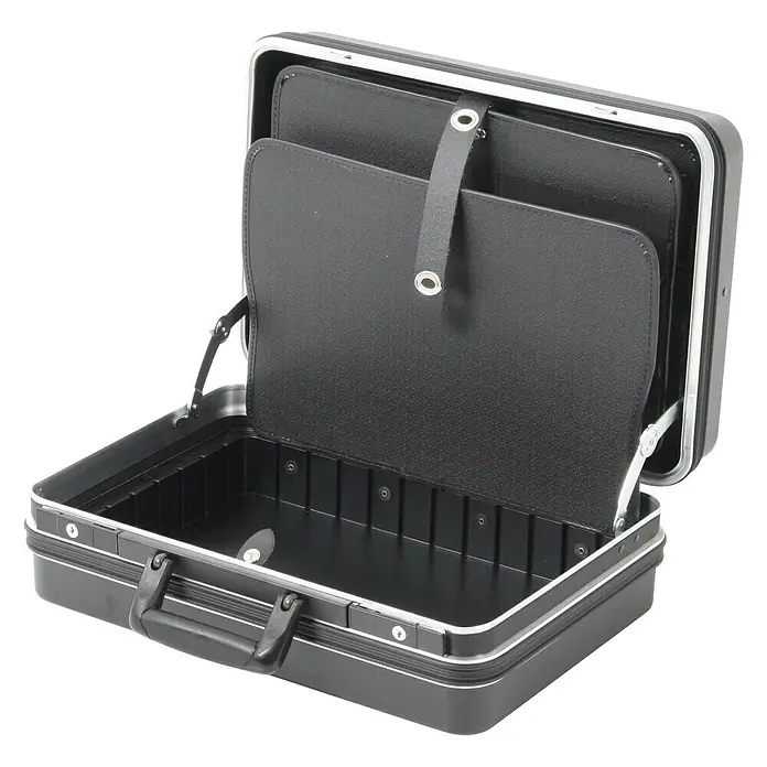 Hepco & Becker Werkzeugkoffer Classic 5122 - L x B: 370 x 490 mm, Höhe: 200 mm, ABS Pro - Geöffneter schwarzer Aktenkoffer aus Aluminium. Optimal für den Transport von Dokumenten.