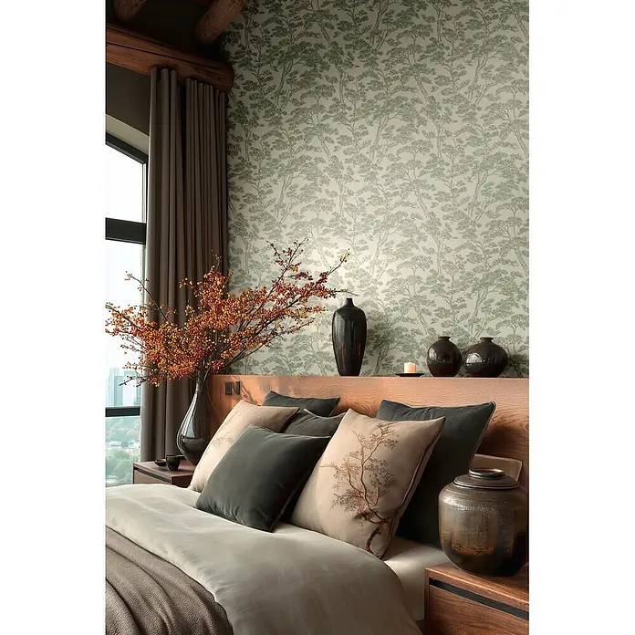 A.S. Création Metropolitan Stories Vibes & Styles Vliestapete Zen - Grün-Weiß, Floral, 10,05 x 0,53 m - Grüne Kiefernbaum-Muster-Tapete in einem ruhigen Schlafzimmer, schafft eine friedliche Atmosphäre.