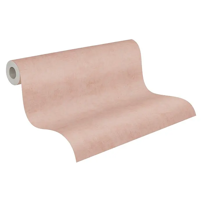 A.S. Création Nordic Feeling Vliestapete Uni - Rosa-Rot, Uni, 10,05 x 0,53 m - Teilweise abgerollte Rolle strukturierter rosafarbener Tapete.
