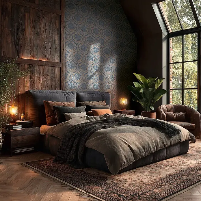 A.S. Création Metropolitan Stories Vibes & Styles Vliestapete Barock - Blau-Braun, Ornament, 10,05 x 0,53 m - Gemütliches Schlafzimmer mit dunklem Holz, gemusterter blauer Tapete, großem Bett mit grauer Bettwäsche, warmen Lampen und einem großen Fenster.