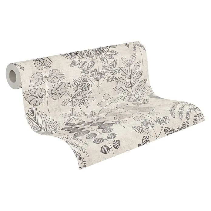 A.S. Création Nordic Feeling Vliestapete Blätter II - Grau, Floral, 10,05 x 0,53 m - Eine Rolle hellfarbener Tapete mit dunkelgrauen botanischen Blättermustern.