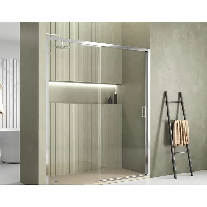 Mampara de ducha frontal Sídney - 140 x 190 cm, Espesor de vidrio: 5 mm, Cromo, Vidrio transparente - Mampara de ducha moderna con puerta corrediza de vidrio y perfil cromado en un baño contemporáneo.