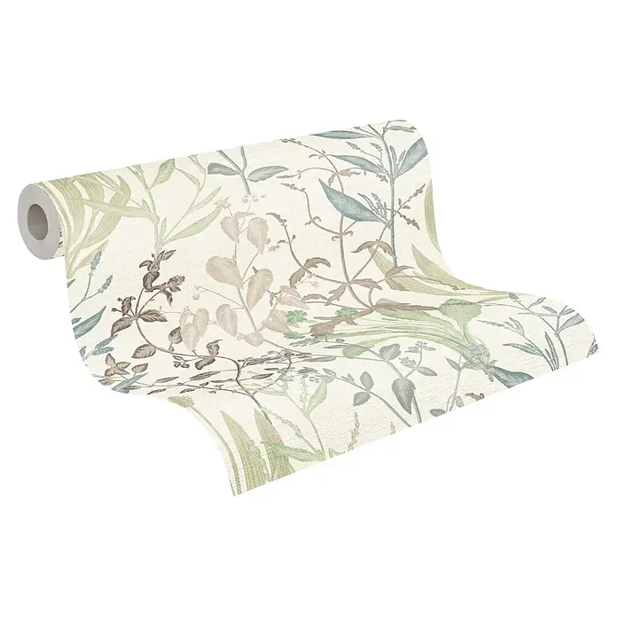 A.S. Création Metropolitan Stories Vibes & Styles Vliestapete Gräser - Braun-Grün, Floral, 10,05 x 0,53 m - Tapetenrolle mit botanischem Muster aus grünen, braunen und blauen Blättern und Ästen.