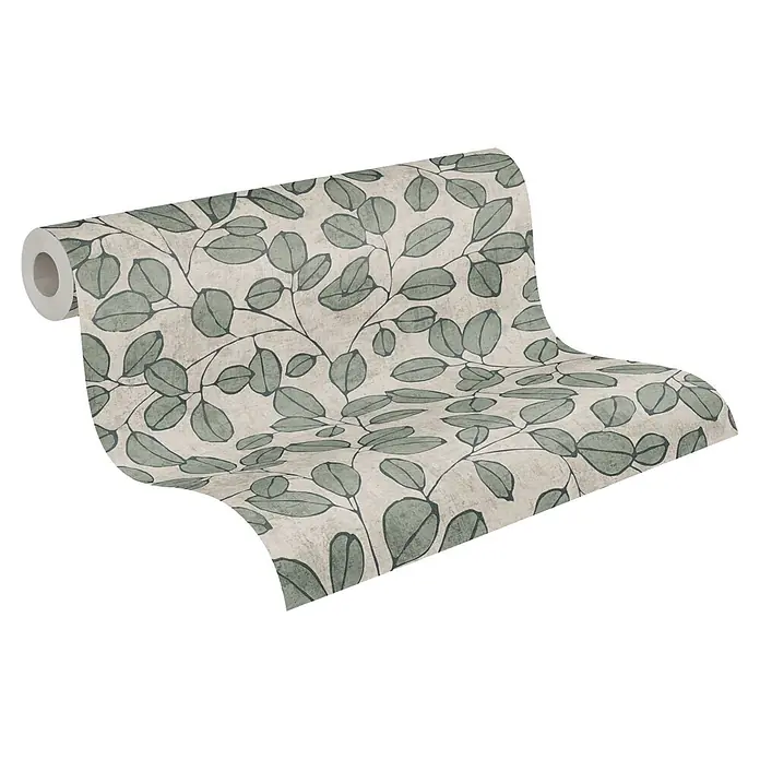 A.S. Création Nordic Feeling Vliestapete Blätter III - Grau-Grün, Floral, 10,05 x 0,53 m - Tapetenrolle mit grünem Blattmuster auf hellem Hintergrund, teilweise abgerollt.