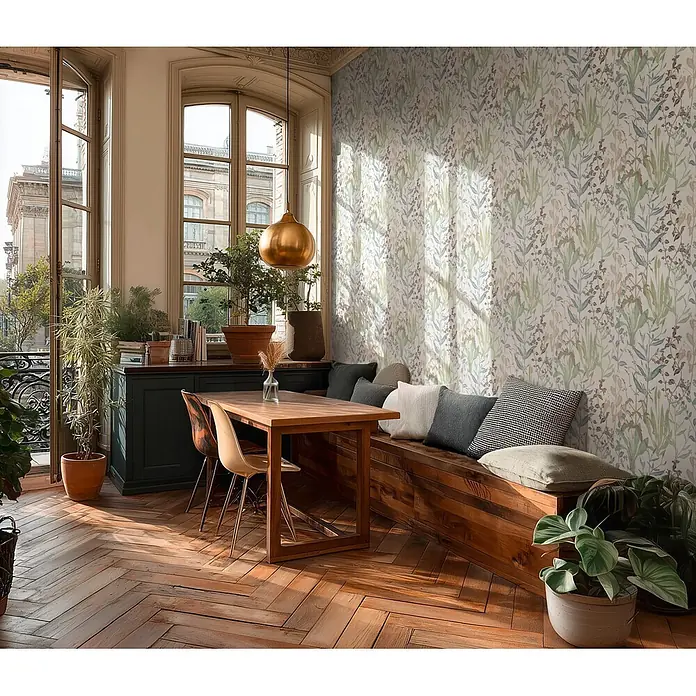 A.S. Création Metropolitan Stories Vibes & Styles Vliestapete Gräser - Braun-Grün, Floral, 10,05 x 0,53 m - Botanische Tapete mit grünen, blauen und braunen Blättern an einer Wand im Essbereich.