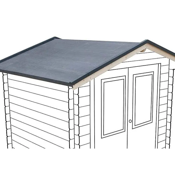 Alpholz Gartenhaus Premium EPDM Dacheindeckung Nr. 24 - 4 x 8 m - Außenmaß inkl. Dachüberstand (B x T): 400 x 800 cm, Kunststoff, Schwarz - Gartenhaus mit dunkelgrauem Dach und skizzierten Holzwänden sowie Doppeltüren.