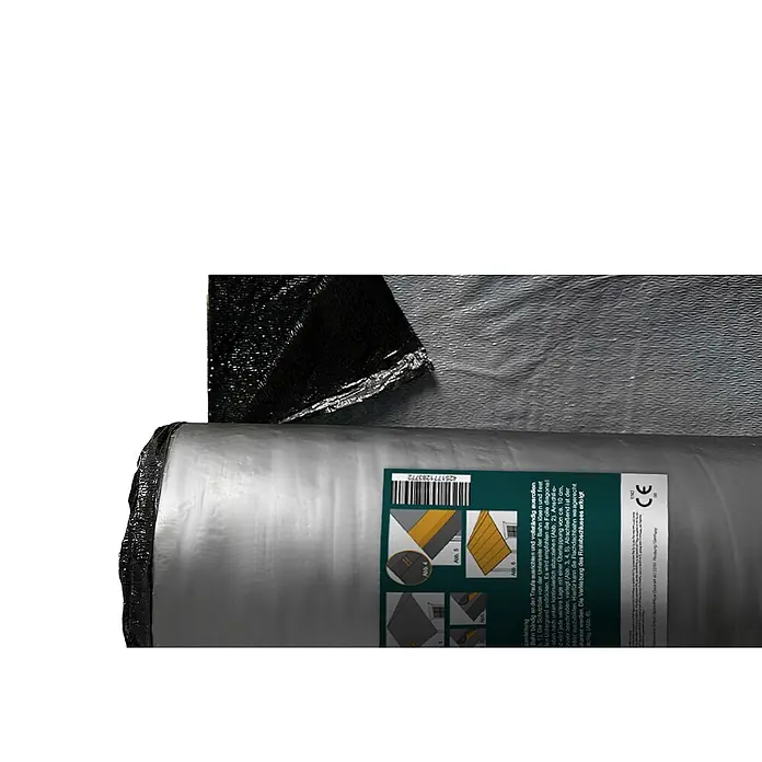 Alpholz Gartenhaus KSK Dacheindeckung - 19 m² - Sonstiges, Naturbelassen - Gerollte schwarze und graue Dachabdichtungsbahn mit Anleitung auf der Verpackung.