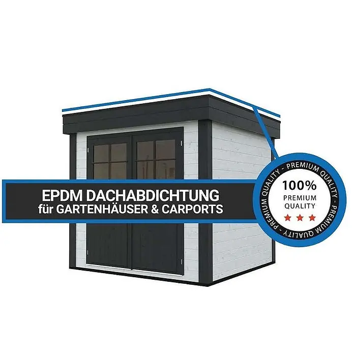 Alpholz Gartenhaus Premium EPDM Dacheindeckung Nr. 42 - 6,1 x 8 m - Außenmaß inkl. Dachüberstand (B x T): 610 x 800 cm, Kunststoff, Schwarz - EPDM Dachabdichtung für Gartenhäuser & Carports, gezeigt auf einem modernen Gartenhaus mit Flachdach.