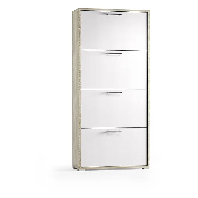 Kiamami Valentina Schuhschrank - L x B x H: 67 x 28 x 147 cm, Weiß - Hoher Schuhschrank mit heller Holzoptik und vier weißen Klapptüren mit silbernen Griffen.