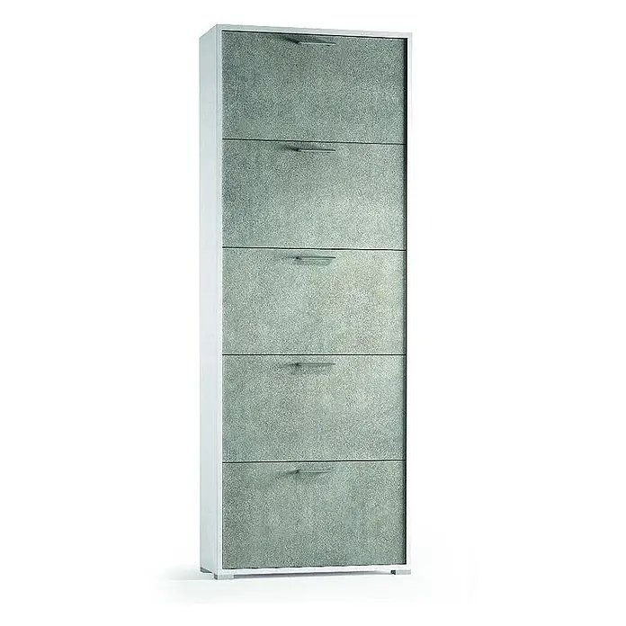 Kiamami Valentina Schuhschrank - L x B x H: 67 x 28 x 183 cm, Zementfarbe - Schlanker Schuhschrank mit weißem Rahmen und fünf grauen, strukturierten Kippfächern mit silbernen Griffen.