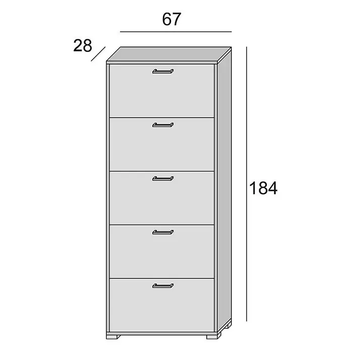 Kiamami Valentina Schuhschrank - L x B x H: 67 x 28 x 183 cm, Zementfarbe - Heller, hoher Schuhschrank mit fünf Kippfächern und Metallgriffen, Maße 67x28x184 cm.