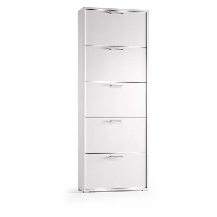 Kiamami Valentina Schuhschrank - L x B x H: 670 x 280 x 1.830 cm, Weiß - Weißer, hoher Schuhschrank mit 5 Kippfächern und silbernen Griffen.