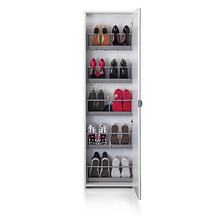 Kiamami Valentina Schuhschrank - L x B x H: 50 x 19,5 x 178 cm, Weiß - Weißer Schuhschrank mit Spiegeltür, offen und mit mehreren Regalböden für verschiedene Schuhe.