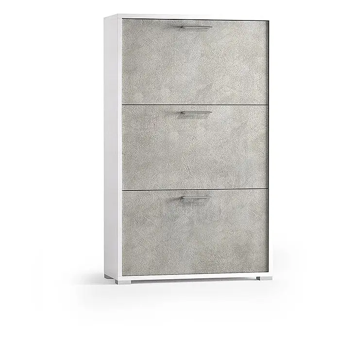 Kiamami Valentina Schuhschrank - L x B x H: 650 x 180 x 1.120 cm, Weiß - Weißer Schuhschrank mit drei grauen Beton-Effekt Kippfächern und silbernen Griffen.