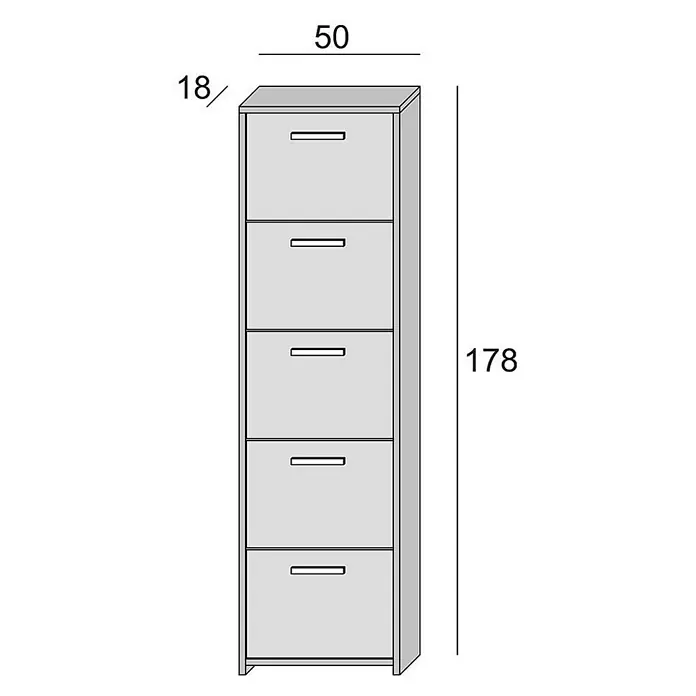 Kiamami Valentina Schuhschrank - L x B x H: 50 x 18 x 178 cm, Weiß - Heller grauer, schmaler 5-Schubladen-Schuhschrank mit silbernen Griffen. Maße: B50 x T18 x H178 cm.