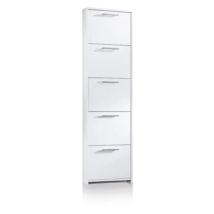 Kiamami Valentina Schuhschrank - L x B x H: 50 x 18 x 178 cm, Weiß - Weißer Schuhschrank mit fünf Kippfächern und silberfarbenen Griffen.