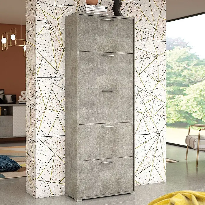 Kiamami Valentina Schuhschrank - L x B x H: 67 x 28 x 183 cm, Zementfarbe - Hoher Schuhschrank in Grau mit Beton-Optik, 5 Klappfächern für ordentliche Aufbewahrung.
