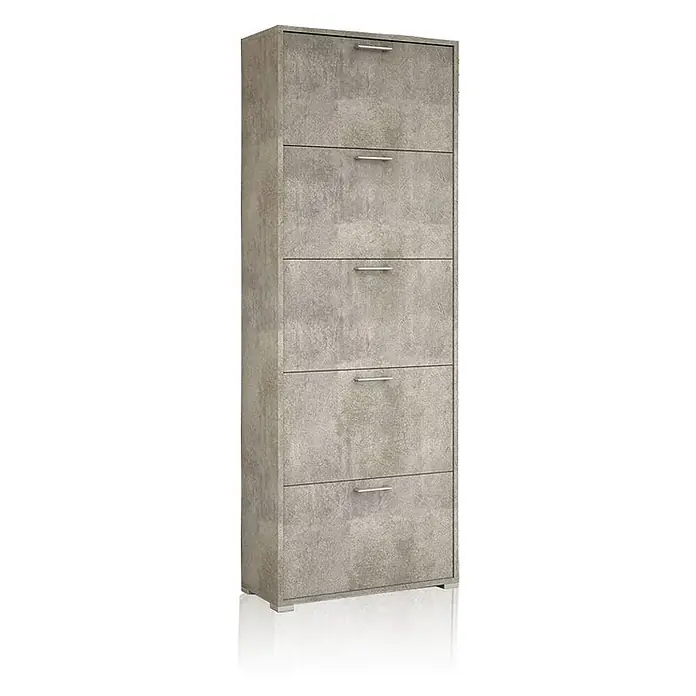 Kiamami Valentina Schuhschrank - L x B x H: 67 x 28 x 183 cm, Zementfarbe - Hoher grauer Schrank mit 5 Schubladen, Metallgriffen und Betonoptik.
