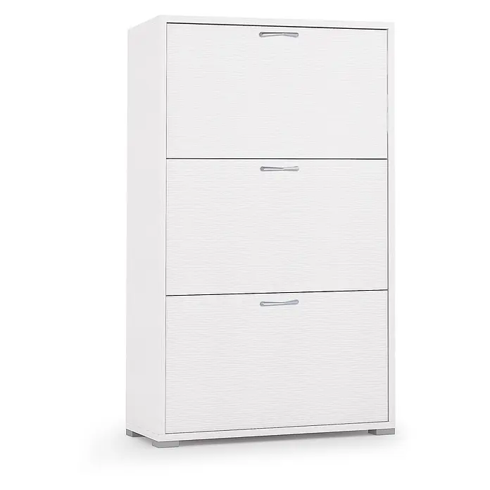 Kiamami Valentina Schuhschrank - L x B x H: 67 x 17 x 112 cm, Weiß - Weißer Schuhschrank mit drei Schubladen, strukturierter Oberfläche und silbernen Griffen.