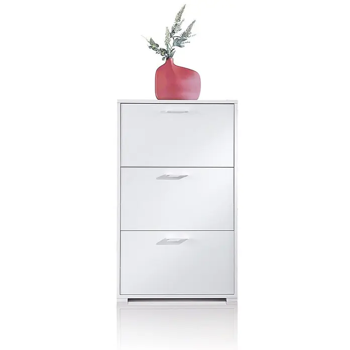 Kiamami Valentina Schuhschrank - L x B x H: 67 x 17 x 112 cm, Weiß - Weißer Schuhschrank mit drei kippbaren Schubladen und einer roten Vase mit Pflanzen darauf.