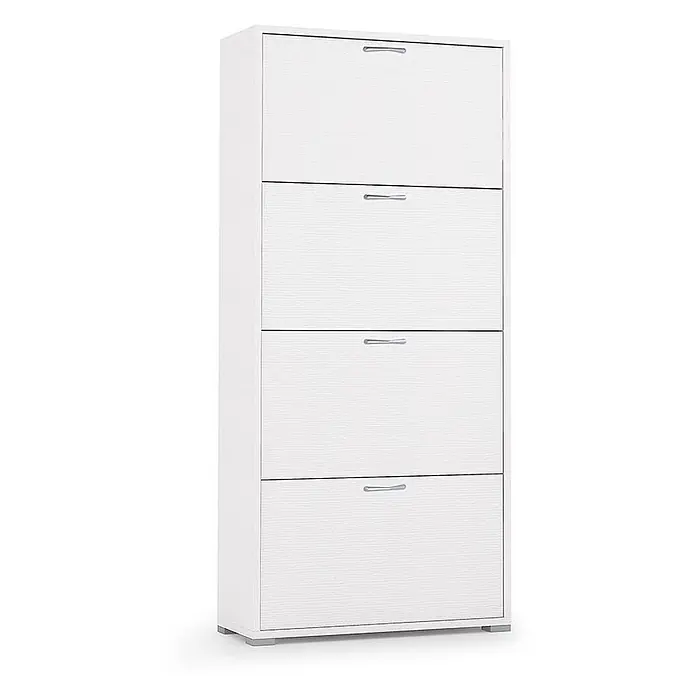 Kiamami Valentina Schuhschrank - L x B x H: 67 x 28 x 147 cm, Weiß - Weißer viertüriger Schuhschrank mit Holzoptik und silbernen Griffen.