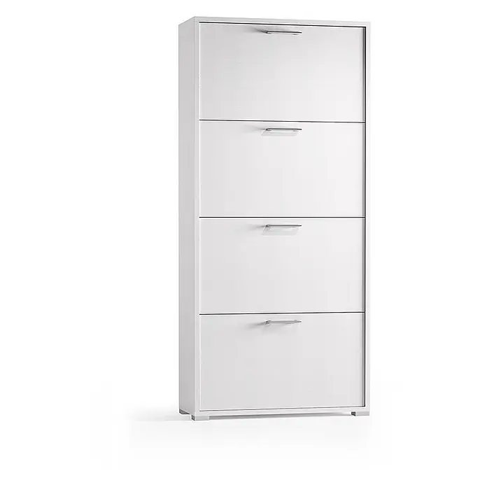 Kiamami Valentina Schuhschrank - L x B x H: 67 x 28 x 147 cm, Weiß - Weißer Schuhschrank mit vier Kipptüren und silbernen Griffen.