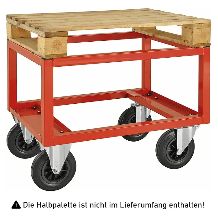 Kongamek Palettenwagen Palettenwagen in rot 650mm hoch ohne Bremse für Halbpaletten 800x600mm -  - Roter Metall-Rollwagen mit vier schwarzen Rädern, zum Transport von Halbpaletten.