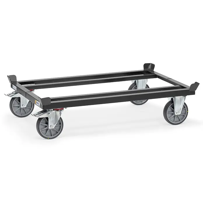 Fetra Palettenwagen ESD-Paletten-Fahrgestell für Flachpaletten und Gitterboxen, elektrisch lei - L x B x H: 125,5 cm x 105,5 cm x 0,01 m - Schwarzer Metall-Transportroller mit vier grauen Lenkrollen und Eckstützen.