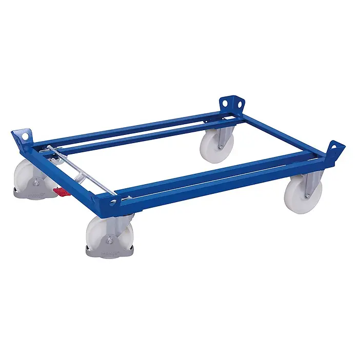 Variofit Palettenwagen Palettenfahrgestell für Gitterboxen/Europaletten mit Polyamidbereifung 101 -  - Blauer Transportroller aus Metall mit vier weißen Rollen, zwei davon gebremst.