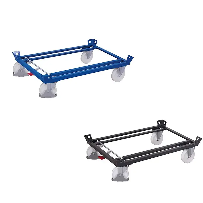 Variofit Palettenwagen Palettenfahrgestell für Gitterboxen/Europaletten mit Polyamidbereifung 101 -  - Zwei Container-Rollgestelle aus Metall, eines blau, eines schwarz, mit vier weißen Lenkrollen und Bremshebel.