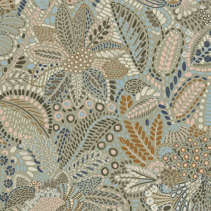 A.S. Création Cuba 2 Vliestapete Ethno - Grau-Blau, Floral, 10,05 x 0,53 m - Abstraktes botanisches Muster mit getupften Blättern und Blüten in gedämpften Blau-, Rosa-, Braun- und Cremetönen.