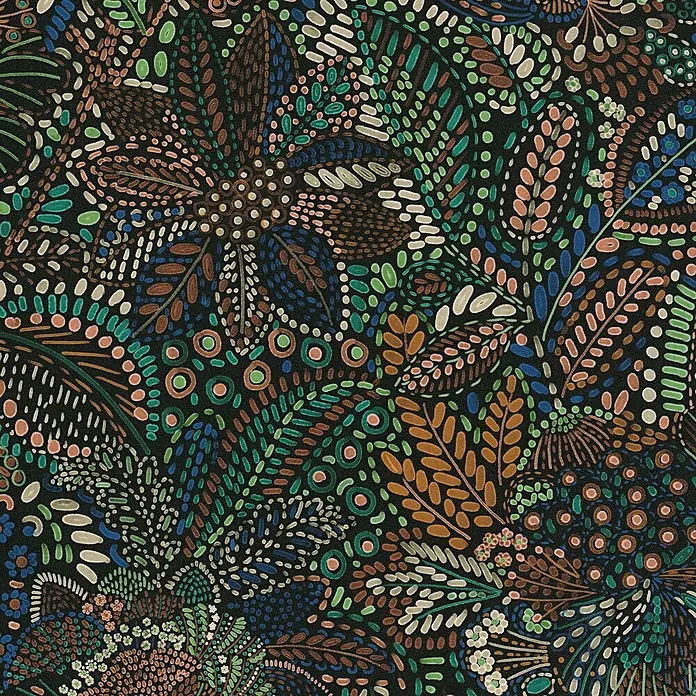 A.S. Création Cuba 2 Vliestapete Ethno - Grün-Braun, Floral, 10,05 x 0,53 m - Abstraktes Blumenmuster in verschiedenen Farben auf schwarzem Hintergrund, für Textilien.