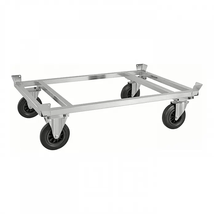 Kongamek Palettenwagen Palettenwagen verzinkt und verschweißt 355mm hoch mit Bremse für Paletten -  - Silbernes Metall-Rollgestell mit vier schwarzen Rädern.