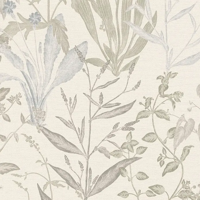 A.S. Création Metropolitan Stories Vibes & Styles Vliestapete Gräser - Creme-Grau, Floral, 10,05 x 0,53 m - Strukturiertes botanisches Muster mit zarten grünen, blauen und grauen Blättern und Blüten.