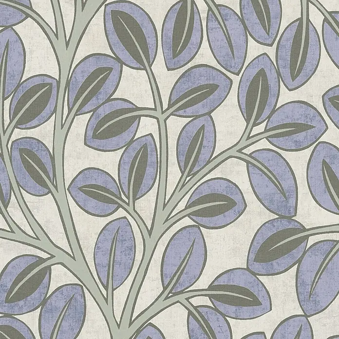 A.S. Création Nordic Feeling Vliestapete Blätter - Blau-Grau, Uni, 10,05 x 0,53 m - Stilisiertes botanisches Muster: Lavendel- und graue Blätter auf hellgraugrünen Zweigen.