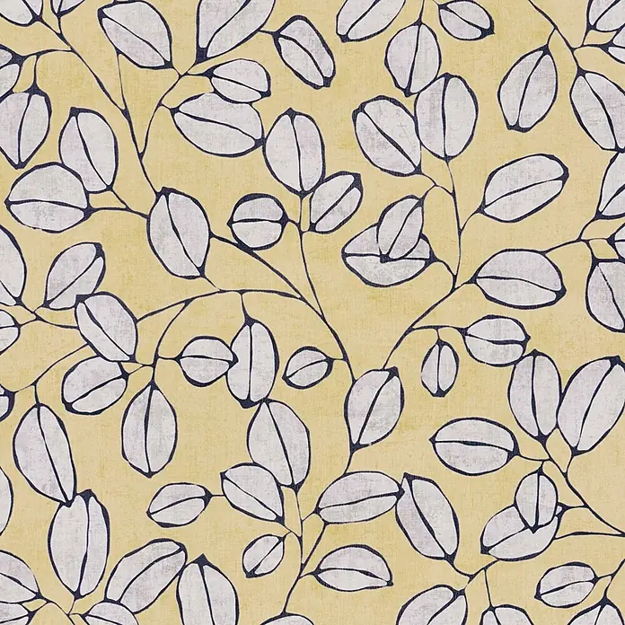 A.S. Création Nordic Feeling Vliestapete Blätter III - Gelb-Blau, Floral, 10,05 x 0,53 m - Gelber Stoff mit künstlerischem Muster aus weißen Blättern, dunkelblau umrandet.