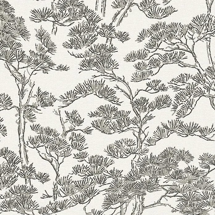 A.S. Création Metropolitan Stories Vibes & Styles Vliestapete Zen - Weiß-Schwarz, Floral, 10,05 x 0,53 m - Nahtloses Muster: stilisierte schwarze und graue Kiefernzweige.