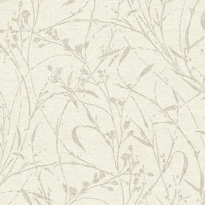 A.S. Création Metropolitan Stories Vibes & Styles Vliestapete Gräser I - Creme, Floral, 10,05 x 0,53 m - Cremefarbene Tapete mit feiner Textur und zartem, hellgrauem botanischem Muster aus Stängeln, Blättern und kleinen Blüten.