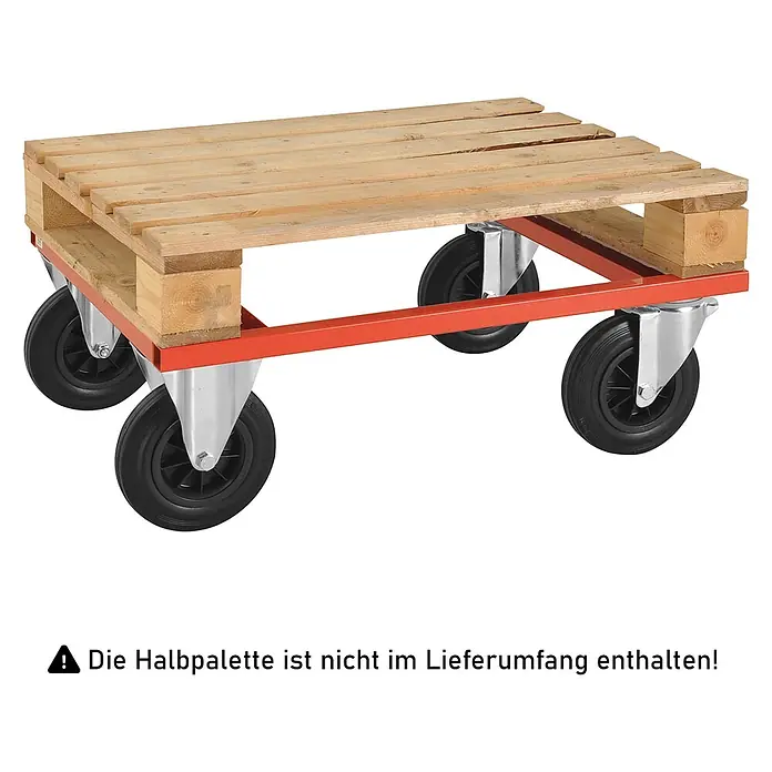 Kongamek Palettenwagen Palettenwagen in rot 270mm hoch mit Bremse für Halbpaletten 800x600mm -  - Holz-Halbpalette auf rotem Rollgestell mit schwarzen Lenkrollen.