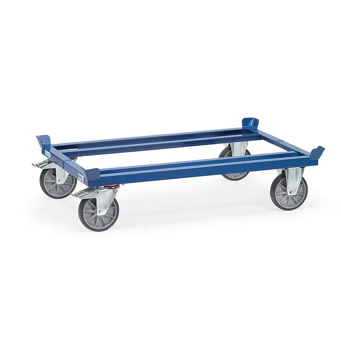 Fetra Palettenwagen Palettenfahrgestelle für Gitterboxen und Flachpaletten für Palettengröß - L x B x H: 85,5 cm x 65,5 cm x 0,01 m - Blauer Metall-Plattformroller mit vier grauen Rollen zum Transport von Gütern.
