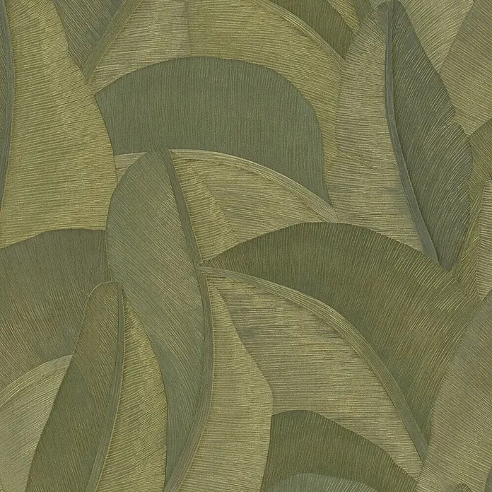 A.S. Création Metropolitan Stories Vibes & Styles Vliestapete Palme - Grün-Metallic, Floral, 10,05 x 0,53 m - Strukturierte Tapete in Grün- und Olivtönen mit überlappenden, blattähnlichen Mustern und dezentem Glanz.