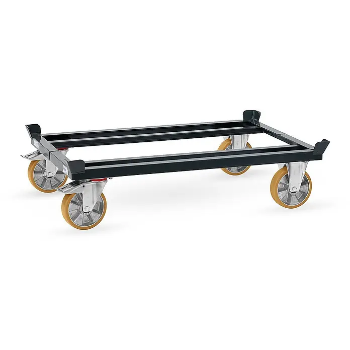 Fetra Palettenwagen Paletten-Fahrgestell für Gitterboxen und Flachpaletten mit Polyurethan-Ber - L x B x H: 1,26 cm x 0,86 cm x 0,01 m - Schwarzes Metall-Transportroller-Gestell mit vier schwenkbaren Rollen und beigen Reifen.