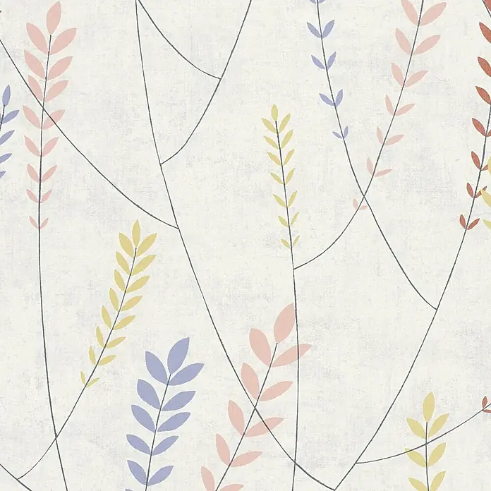 A.S. Création Nordic Feeling Vliestapete Skandi - Grau-Blau, Floral, 10,05 x 0,53 m - Abstraktes Muster bunter Blätter (rosa, gelb, blau) an dünnen dunklen Stielen.