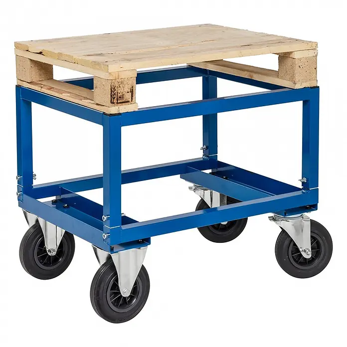 Kongamek Palettenwagen Palettenwagen in blau 654mm hoch, höhenverstellbar mit Bremse für Halbpal -  - Blauer Metall-Palettenwagen mit Holzpalette oben und vier schwarzen Rädern für Mobilität.