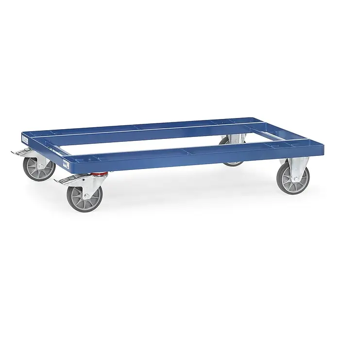 Fetra Palettenwagen leichtes Palettenfahrgestell für Gitterboxen und Flachpaletten -  - Blauer Metallrahmen-Rollwagen mit vier Rollen für den Transport.
