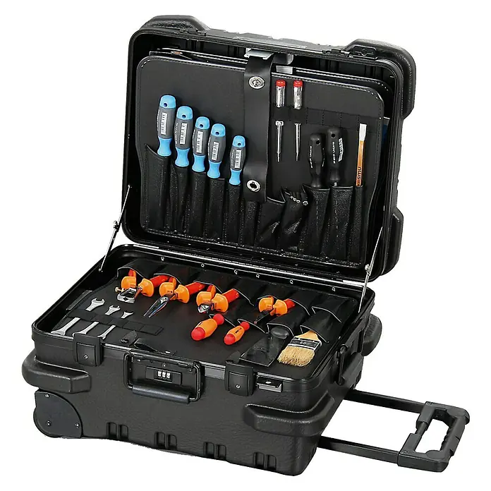 Hepco & Becker Werkzeugkoffer Chicago Case 5530 - L x B x H: 420 x 510 x 340 mm, High Density Polyethylen (HDPE) - Werkzeugkoffer mit Rollen und ausziehbaren Griff, geöffnet, mit diversen Werkzeugen organisiert in Fächern und Halterungen.