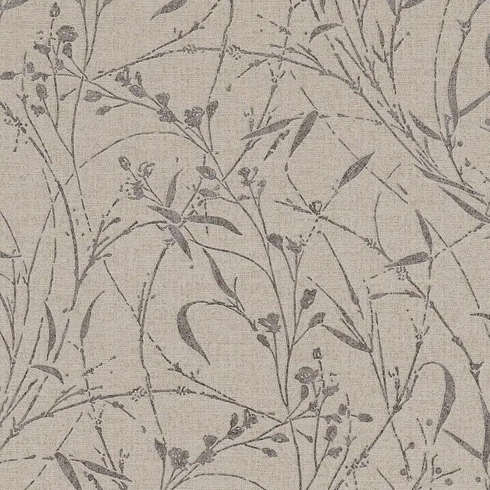A.S. Création Metropolitan Stories Vibes & Styles Vliestapete Gräser I - Braun-Beige, Floral, 10,05 x 0,53 m - Texturierte beigefarbene Tapete mit dunkelgrauem botanischem Muster: stilisierte Zweige, Blätter und kleine Blütenknospen.